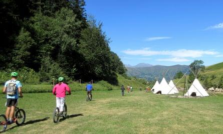 Riding trottinette off-road scooters at Adventure Creators’ base near Bagnères de Luchon